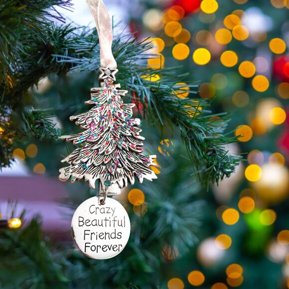 Christmas Tree Pendant for Friends - Engraved "Crazy Beautiful Friends Forever" - Picture 1 of 5